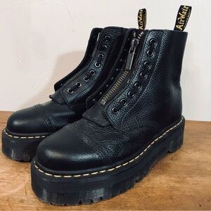 Dr. Martens Black Leather Lace-Up Platform Boots with Yellow Stitching
